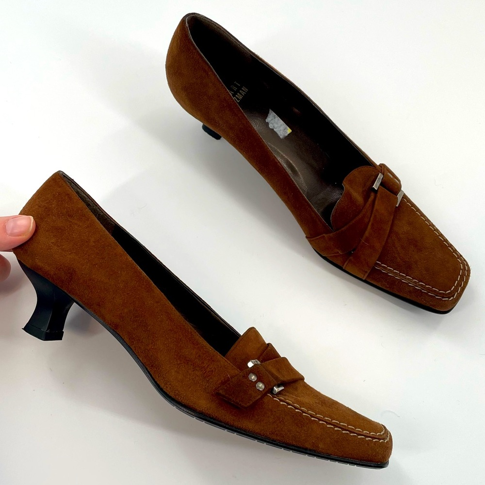 Stuart Weitzman Brown Square Toe Suede Mini Heels Contrasting Stitching